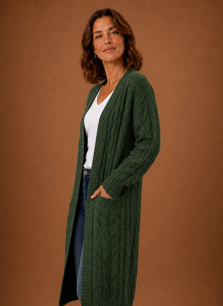 Women's long textured cable knit cardigan with open front and front pockets