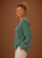 Women's ribbed V-neck button front cardigan with long sleeves