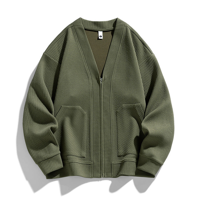 Men's textured knit cardigan with V-neck, zip front and patch pockets