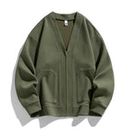 Men's textured knit cardigan with V-neck, zip front and patch pockets