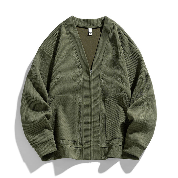 Men's textured knit cardigan with V-neck, zip front and patch pockets