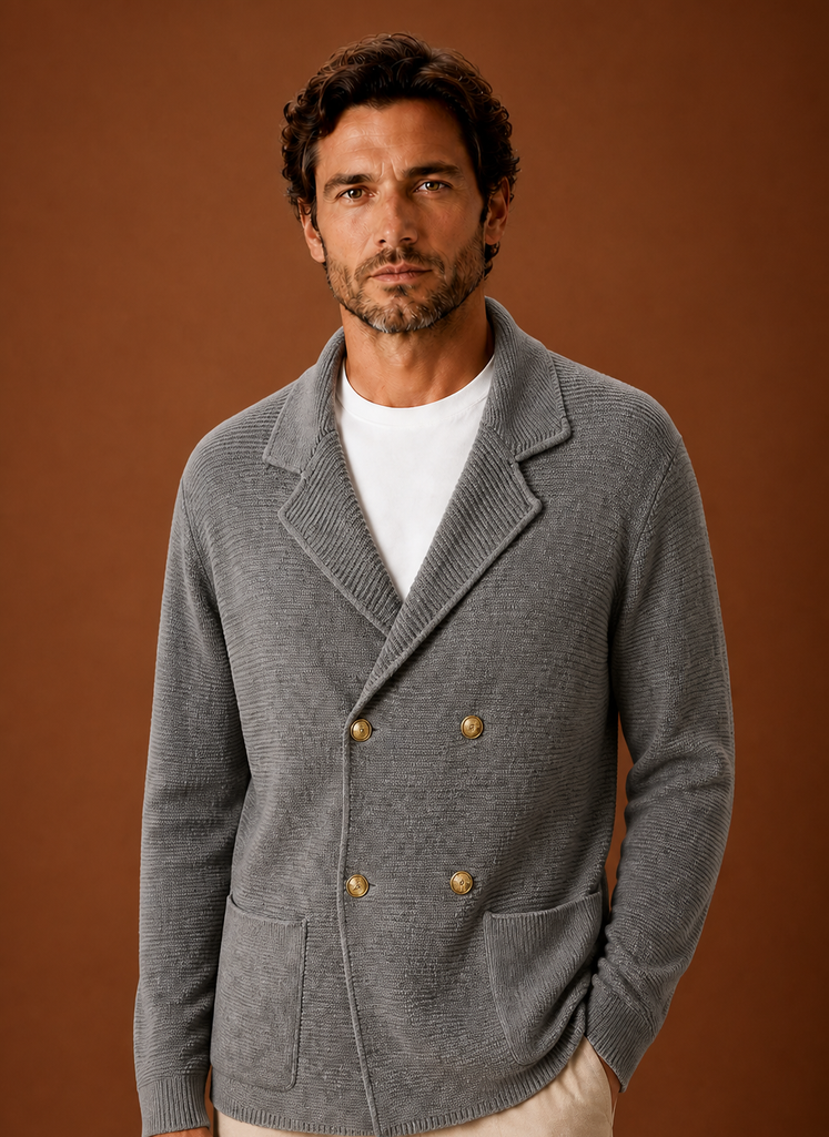 Men's double-breasted knit cardigan with shawl collar and patch pockets