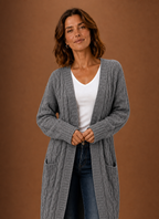 Women's long textured cable knit cardigan with open front and front pockets