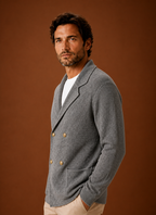 Men's double-breasted knit cardigan with shawl collar and patch pockets