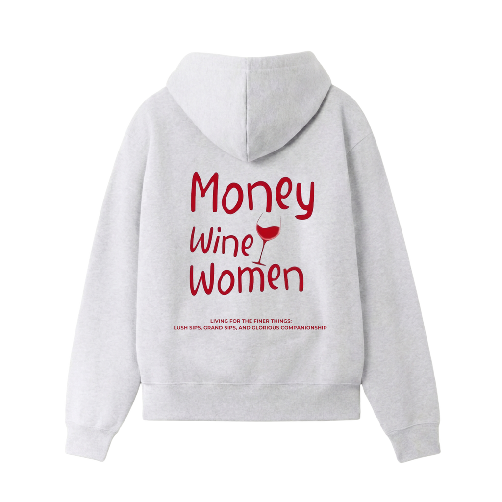 Grey graphic hoodie with red lettering and wine glass design