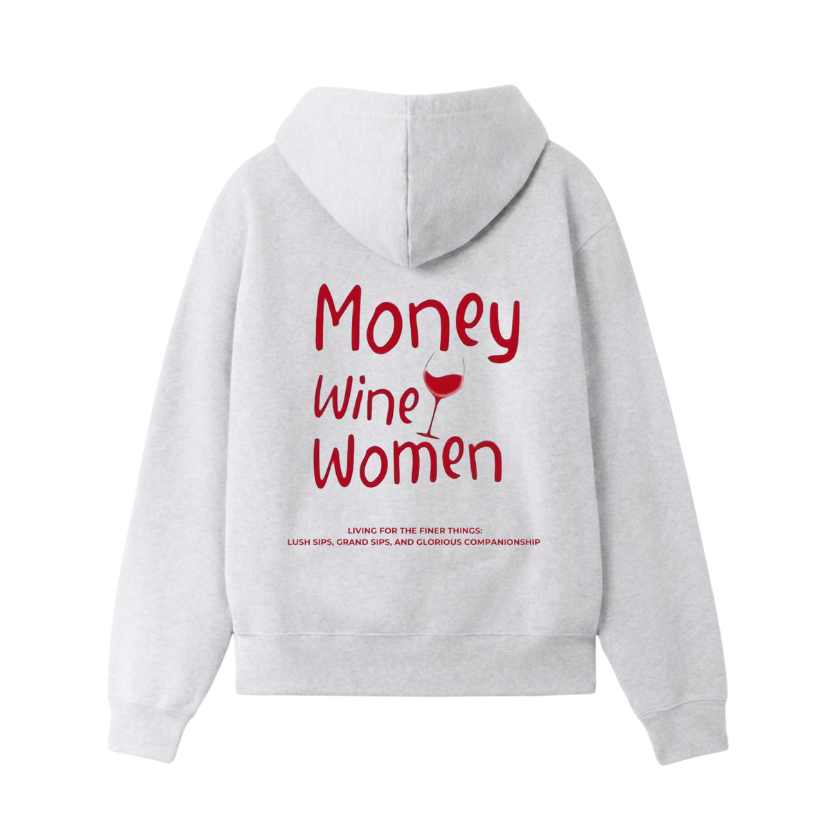 Grey graphic hoodie with red lettering and wine glass design