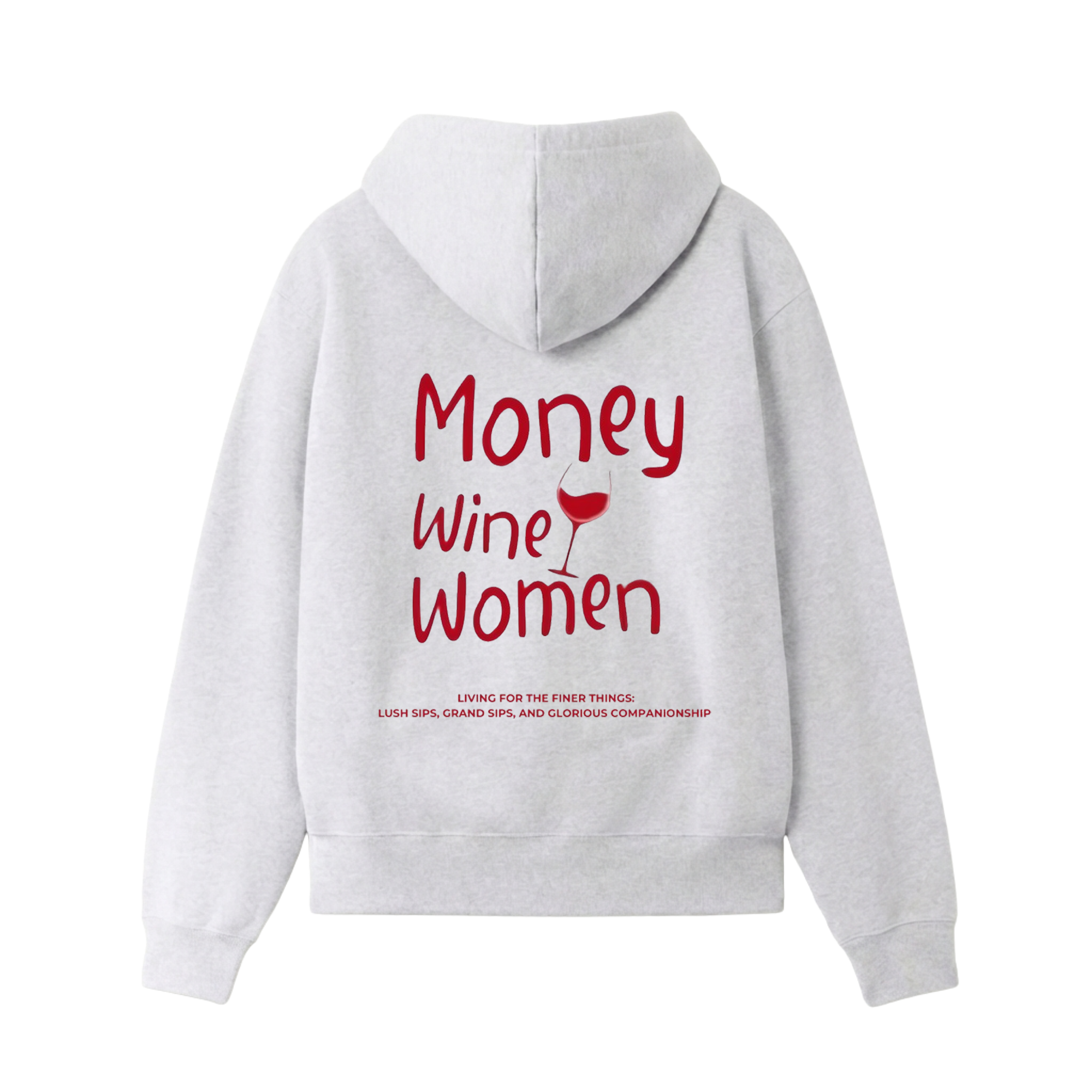 Grey graphic hoodie with red lettering and wine glass design
