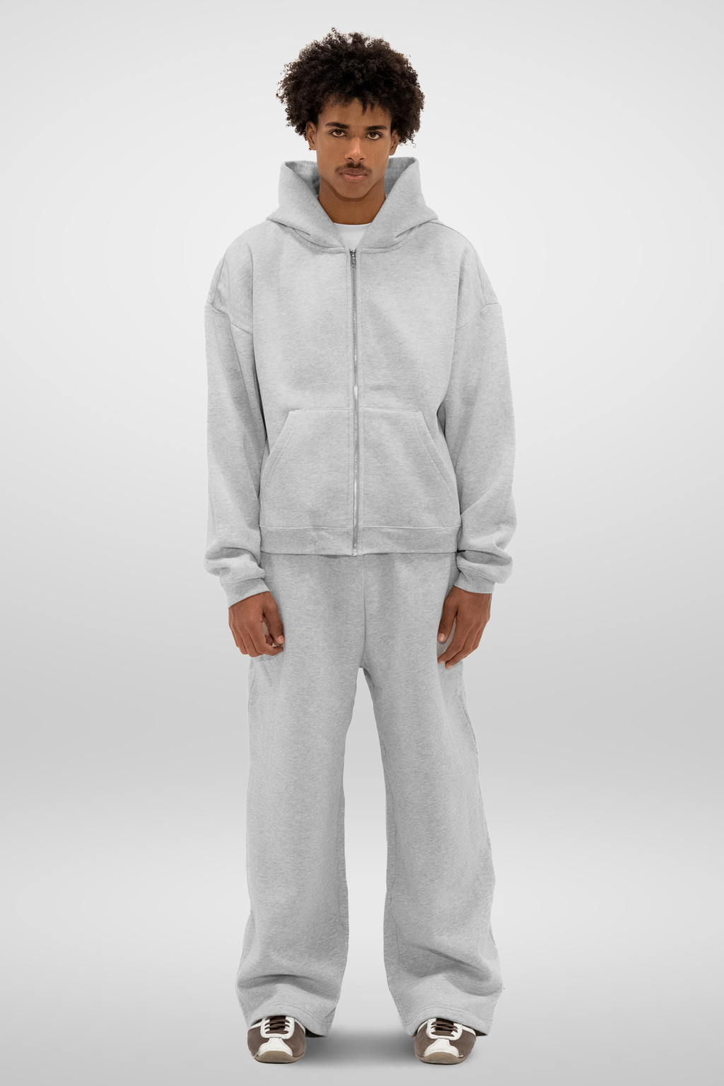 Men's gray zip-up hoodie with hood and kangaroo pocket