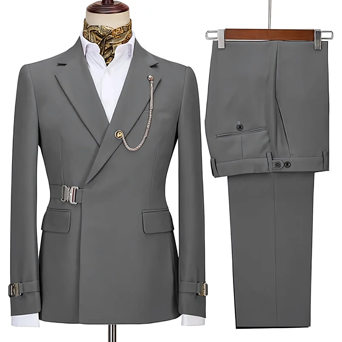 Men's two-piece suit with notched lapels, chain detail, buckle accents and matching trousers