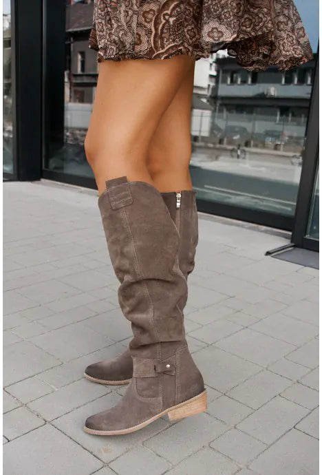 Women's slouch knee high boots with low heel, buckles and almond toe
