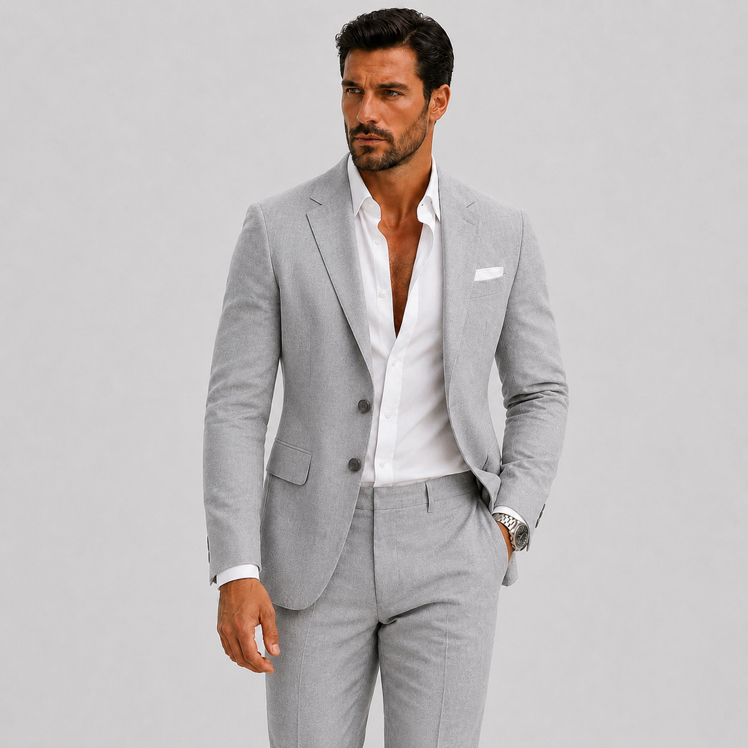 Men's tailored two-piece suit with notched lapels and matching trousers