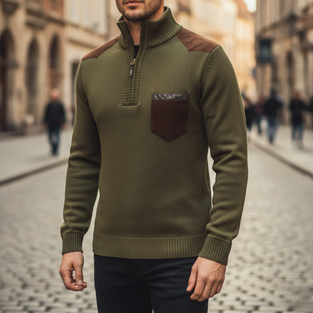 Men's half-zip sweater with stand collar, contrast shoulder panels and chest pocket