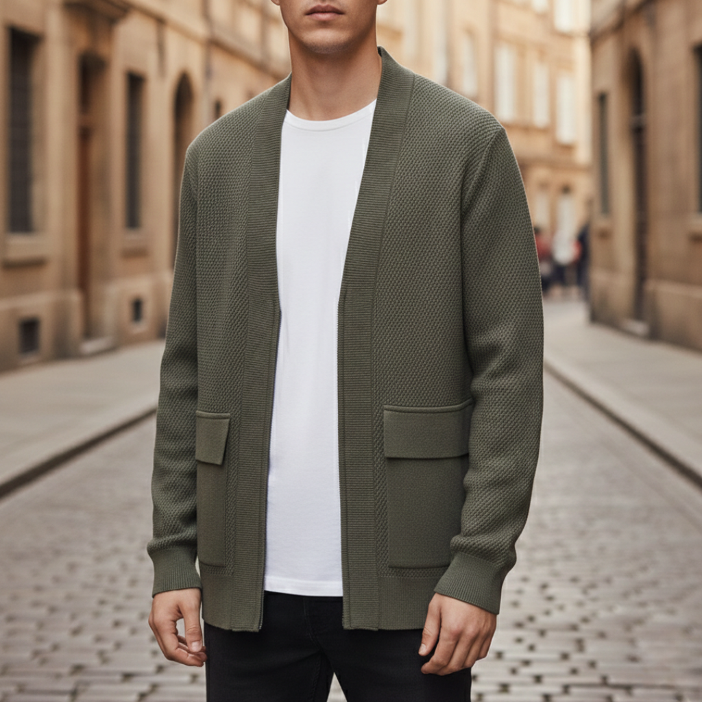 Men's textured knit cardigan with open front and patch pockets