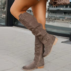 Women's slouch knee high boots with low heel, buckles and almond toe
