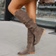 Women's slouch knee high boots with low heel, buckles and almond toe