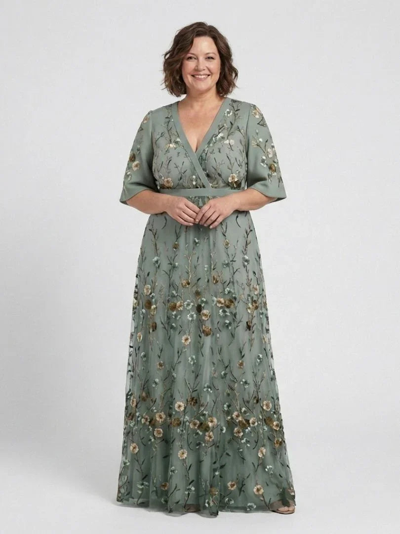 Women's green floral maxi dress with V-neck and short sleeves