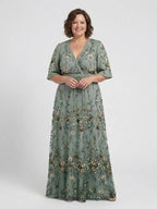 Women's green floral maxi dress with V-neck and short sleeves