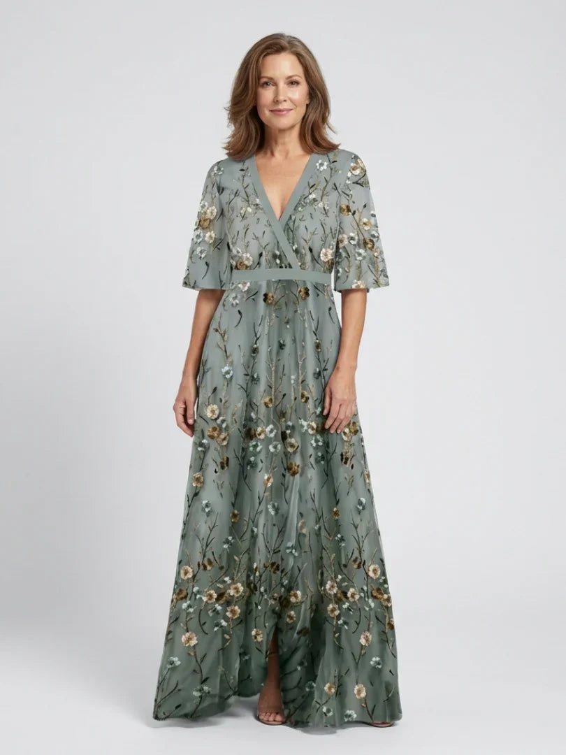 Women's green floral maxi dress with V-neck and short sleeves