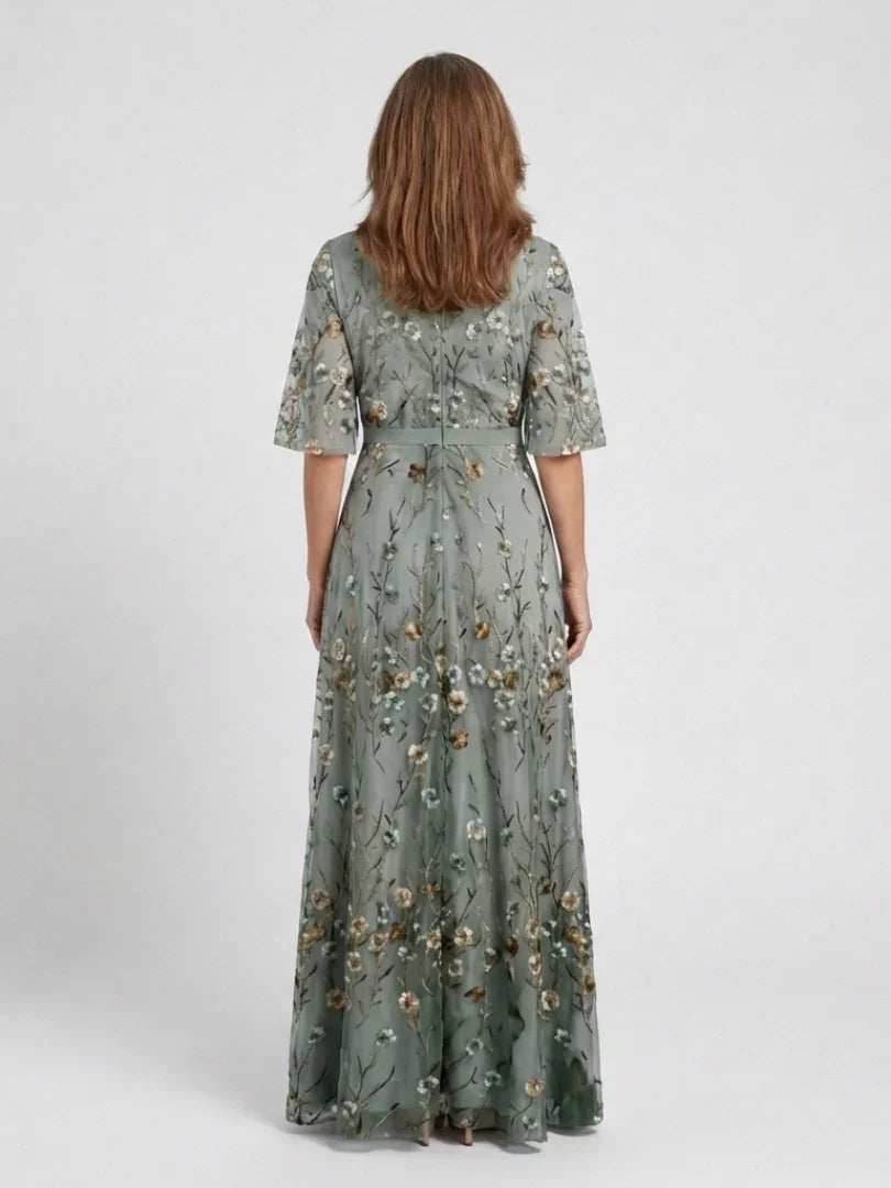 Women's green floral maxi dress with V-neck and short sleeves