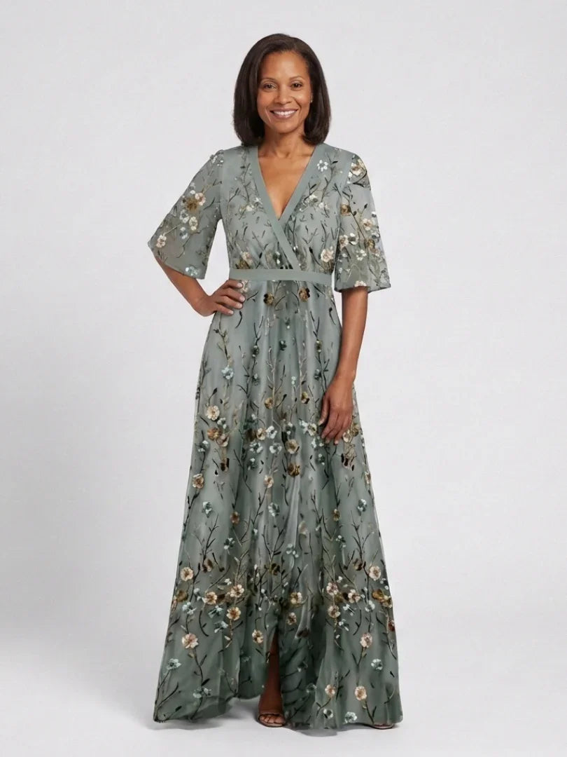 Women's green floral maxi dress with V-neck and short sleeves