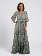 Women's green floral maxi dress with V-neck and short sleeves