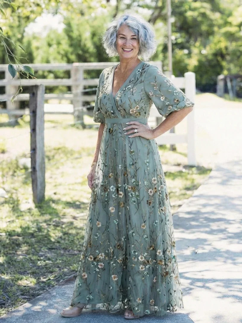 Women's green floral maxi dress with V-neck and short sleeves