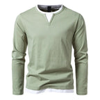 Men's long-sleeve Henley sweater with split neckline and contrasting inner layer
