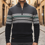 Men's patterned half-zip sweater with ribbed collar