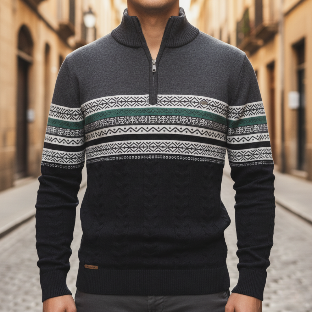Men's patterned half-zip sweater with ribbed collar