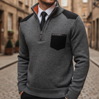 Men's half-zip sweater with stand collar, contrast shoulder panels and chest pocket