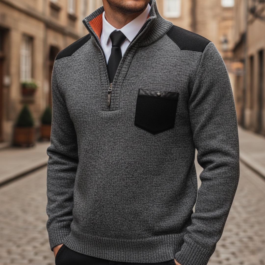 Men's half-zip sweater with stand collar, contrast shoulder panels and chest pocket