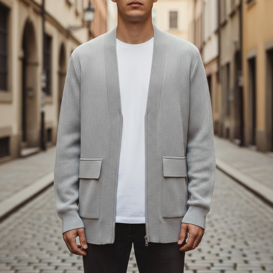 Men's textured knit cardigan with open front and patch pockets