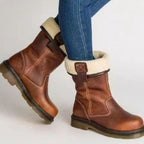 Women's brown mid-calf boots with round toes, low heels and light-coloured folded cuffs