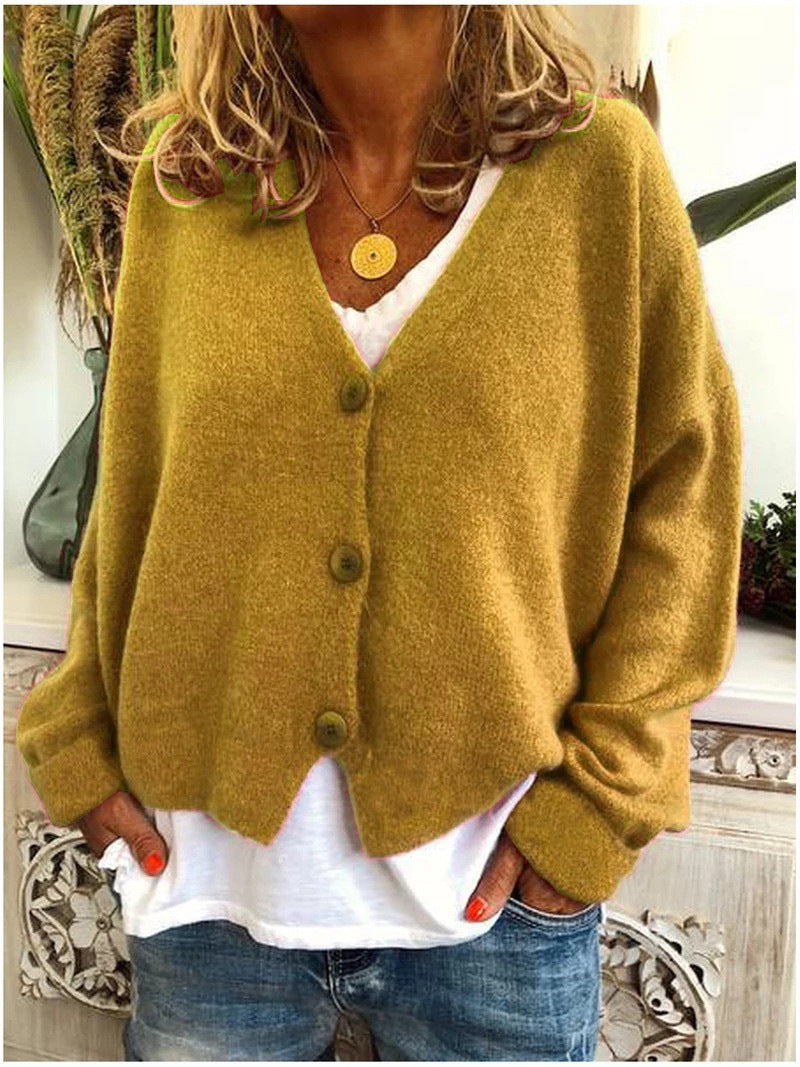 Women's long-sleeve V-neck button cardigan shown in multiple colours