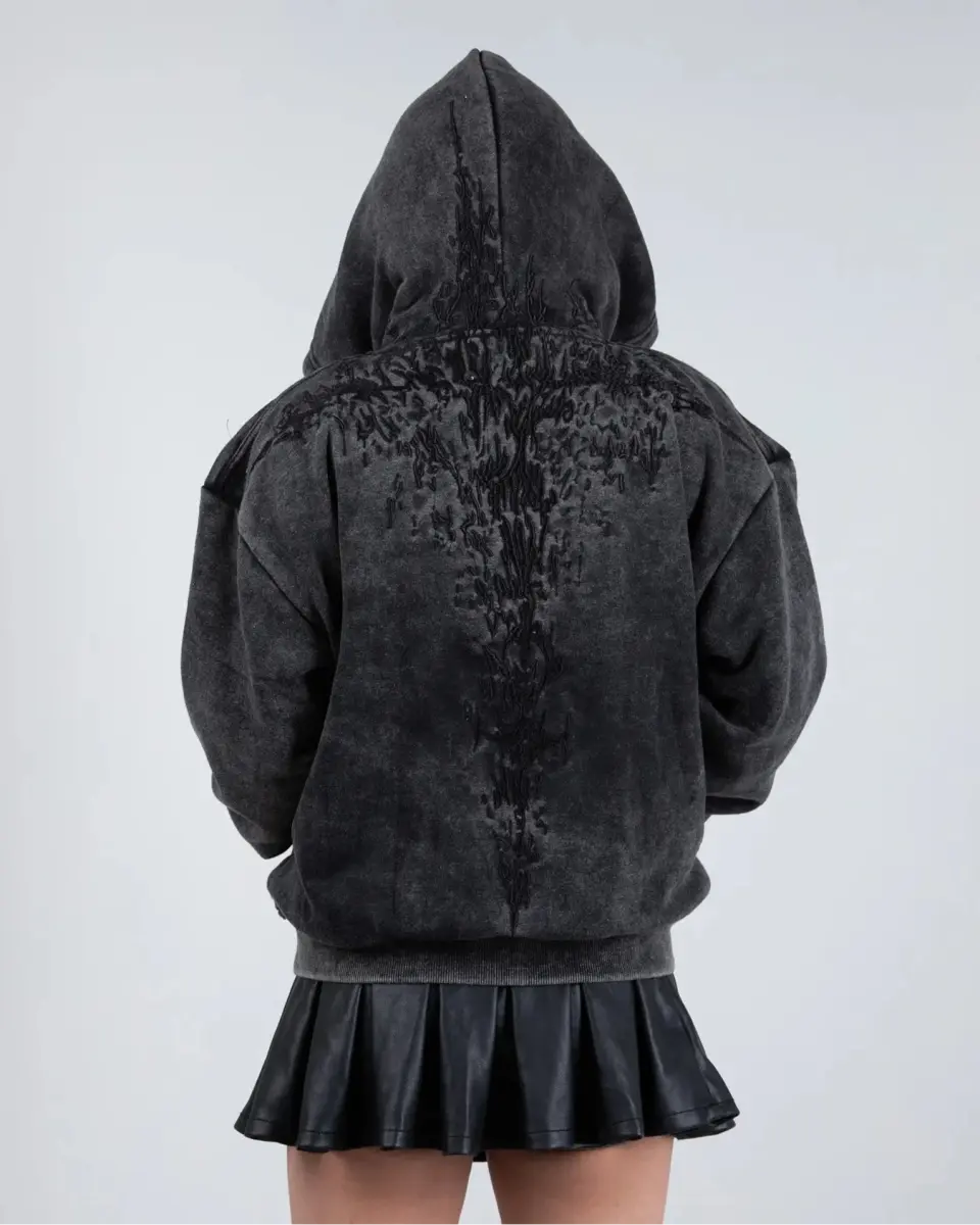 Black hoodie with embroidered front and back graphics