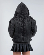 Black hoodie with embroidered front and back graphics