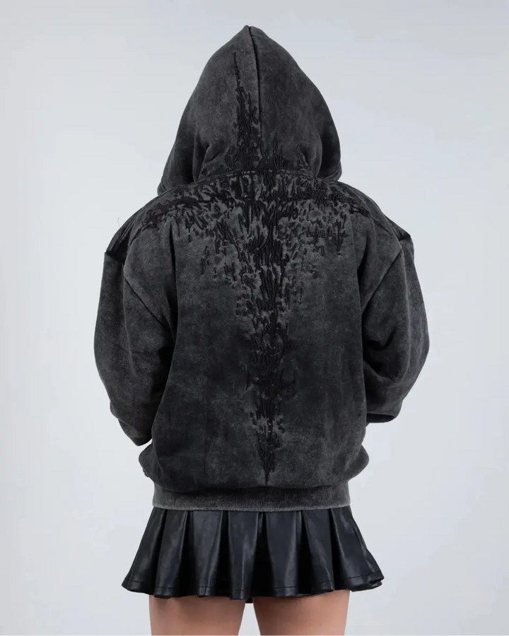 Black hoodie with embroidered front and back graphics