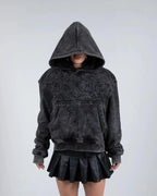Black hoodie with embroidered front and back graphics