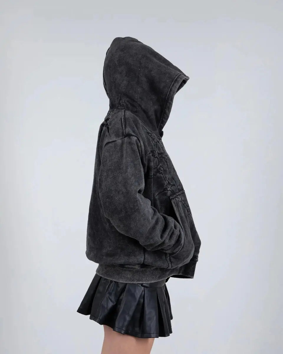 Black hoodie with embroidered front and back graphics