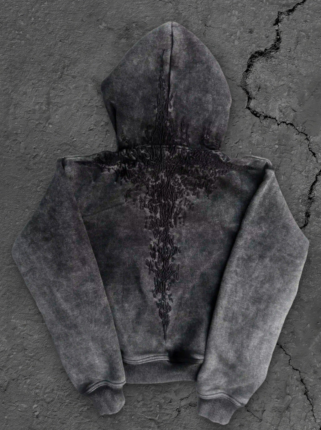 Black hoodie with embroidered front and back graphics