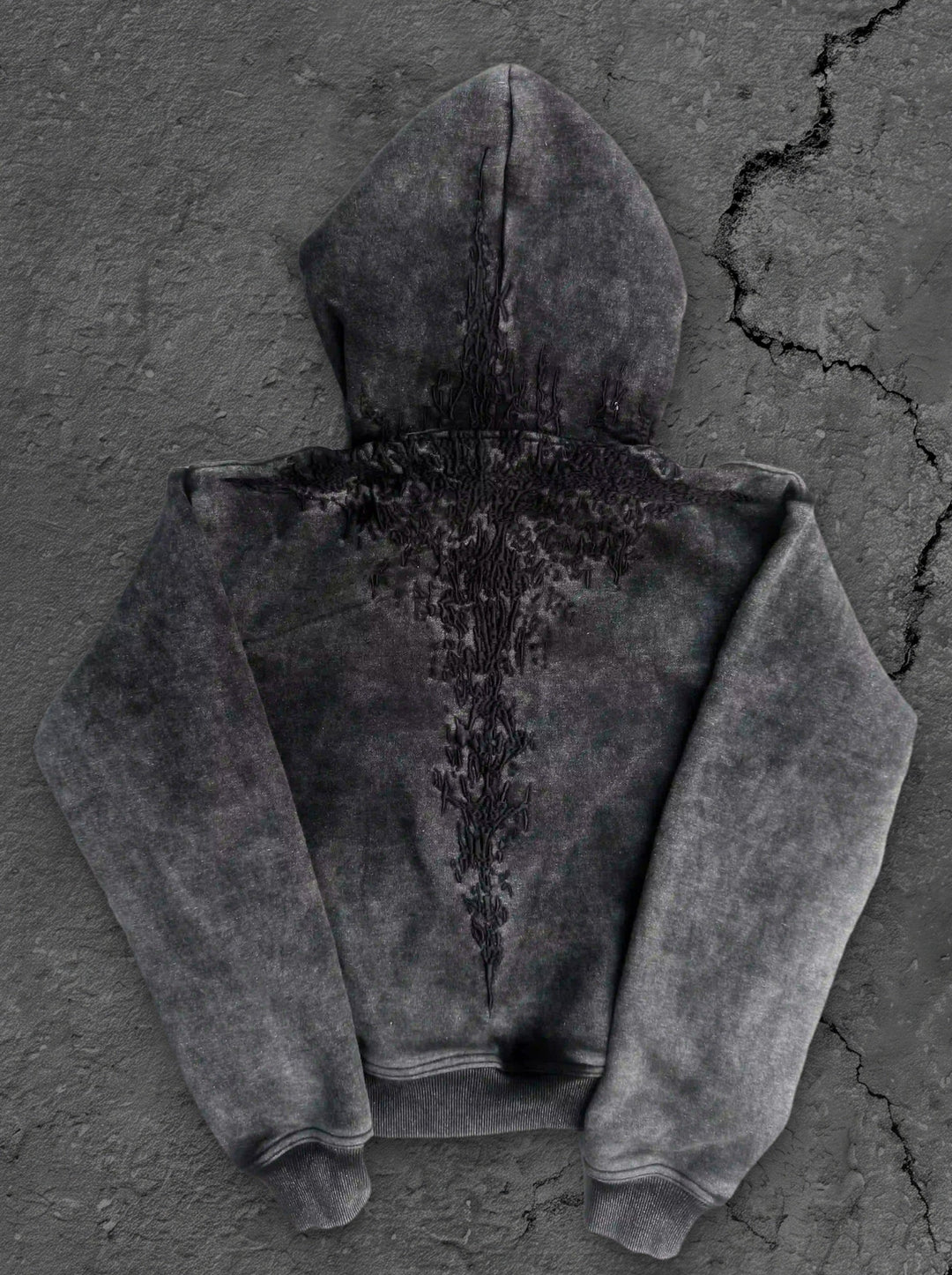 Black hoodie with embroidered front and back graphics