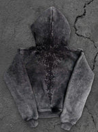 Black hoodie with embroidered front and back graphics