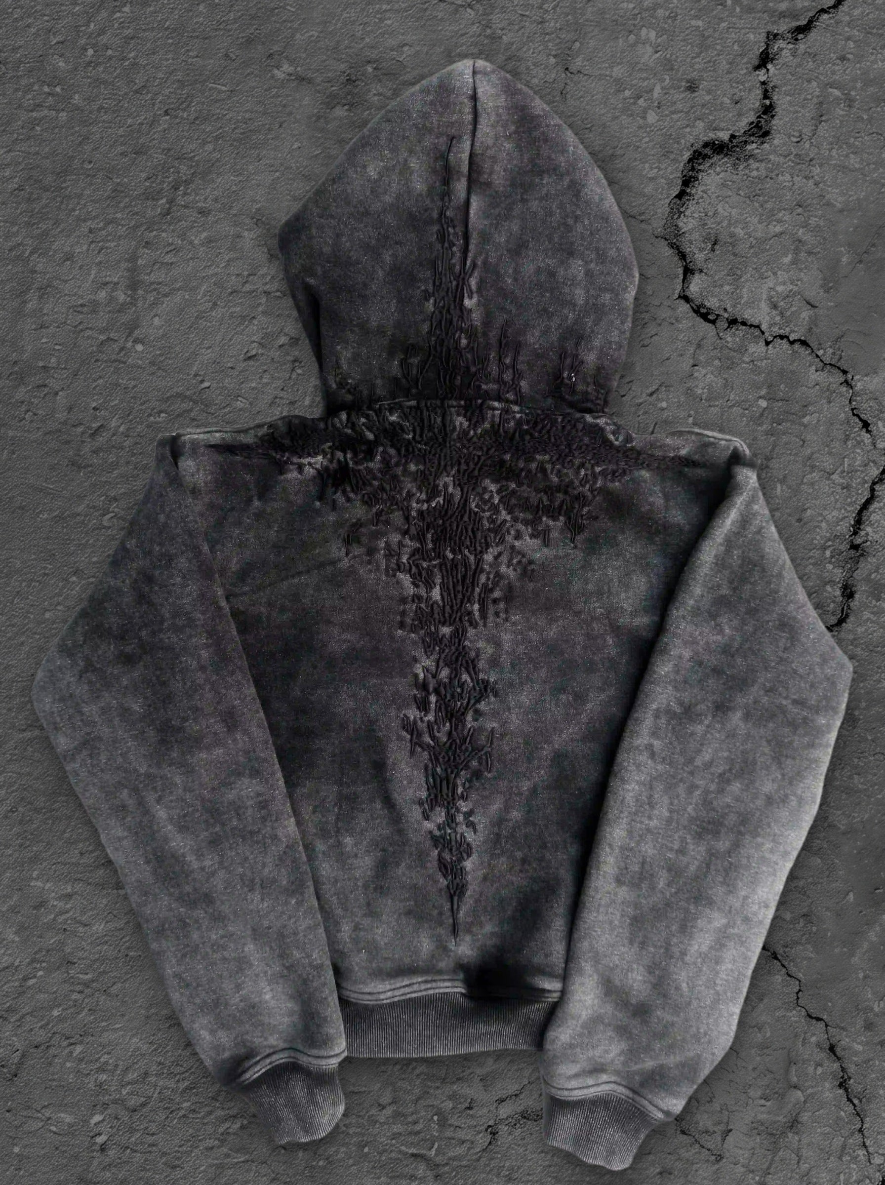 Black hoodie with embroidered front and back graphics