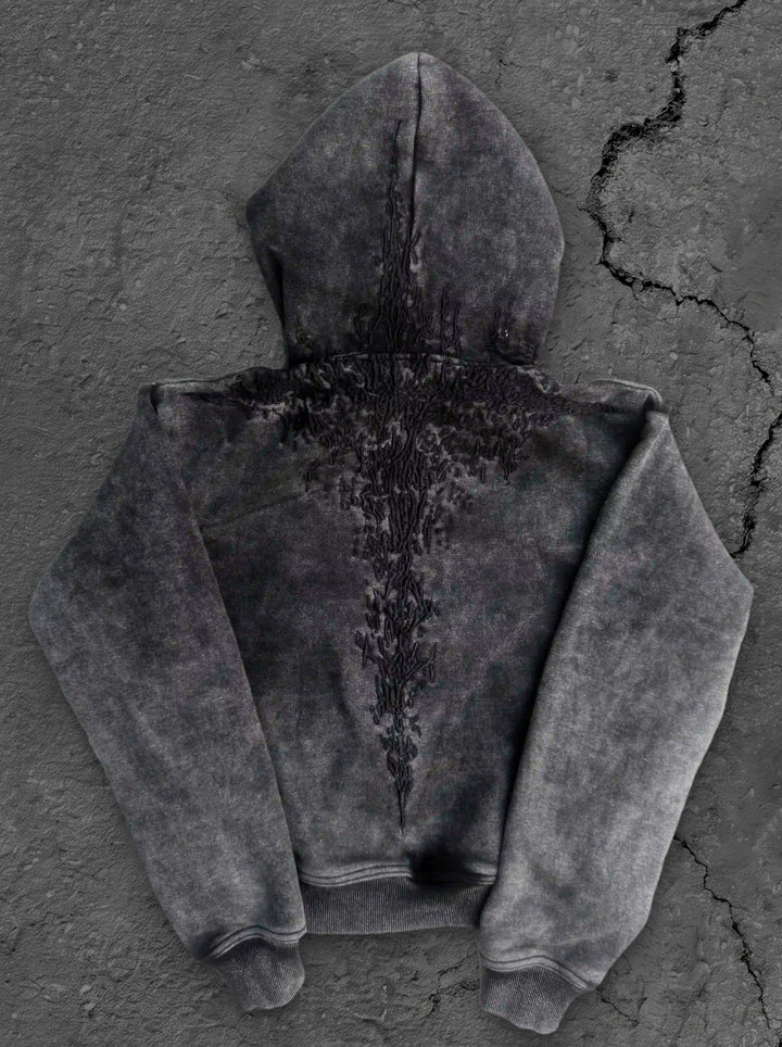 Black hoodie with embroidered front and back graphics