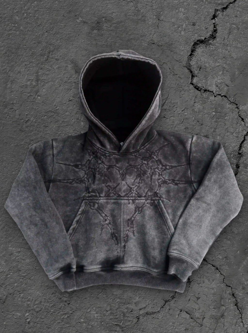 Black hoodie with embroidered front and back graphics