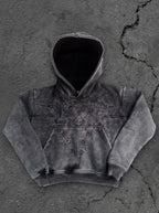 Black hoodie with embroidered front and back graphics