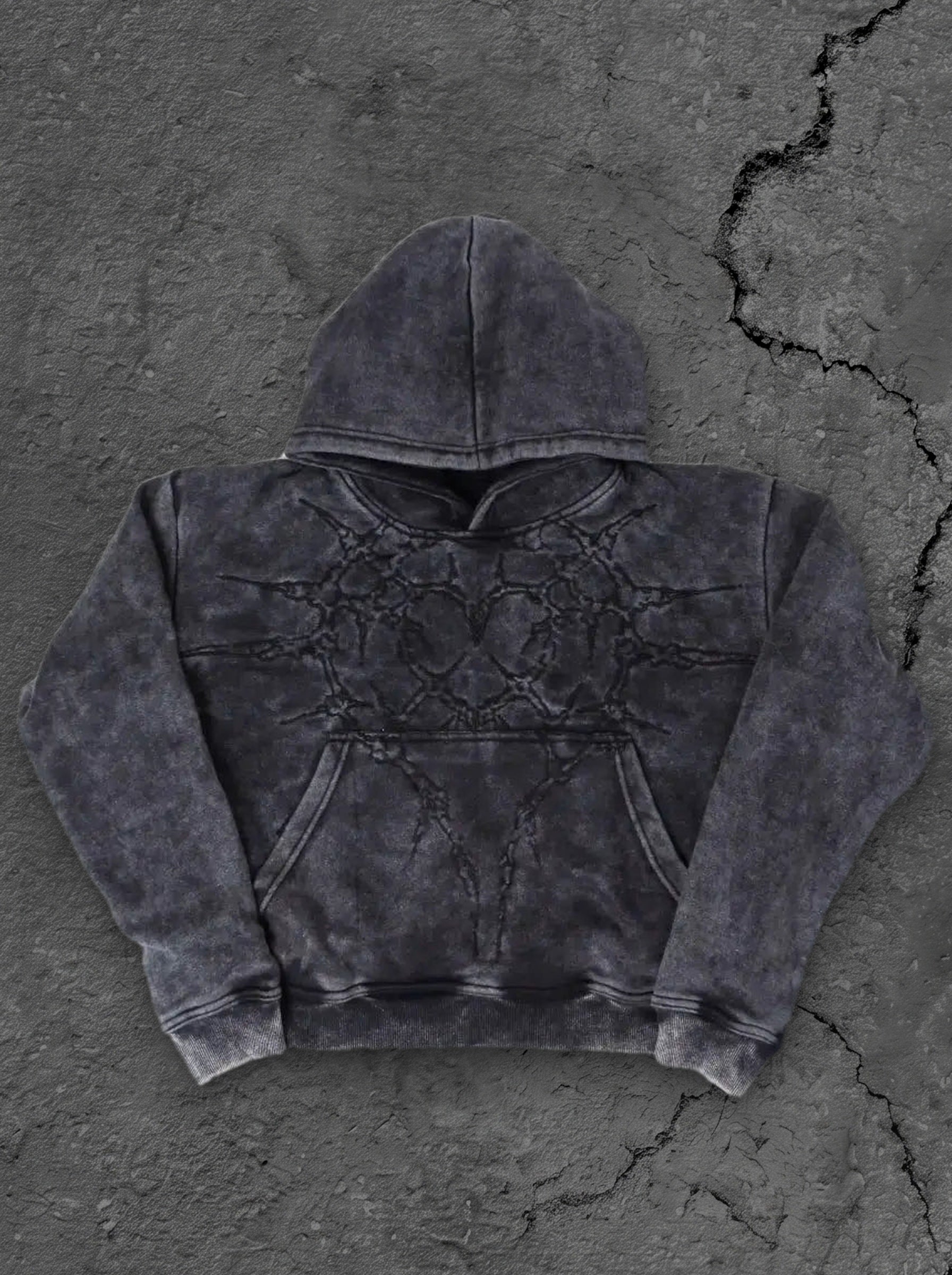 Black hoodie with embroidered front and back graphics