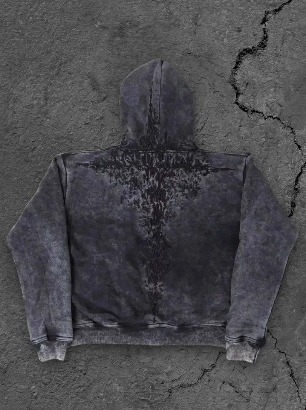Black hoodie with embroidered front and back graphics