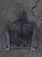 Black hoodie with embroidered front and back graphics