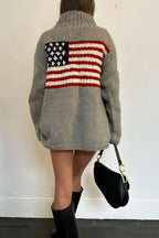 Women's knit sweater with high neck and stars and stripes flag motif